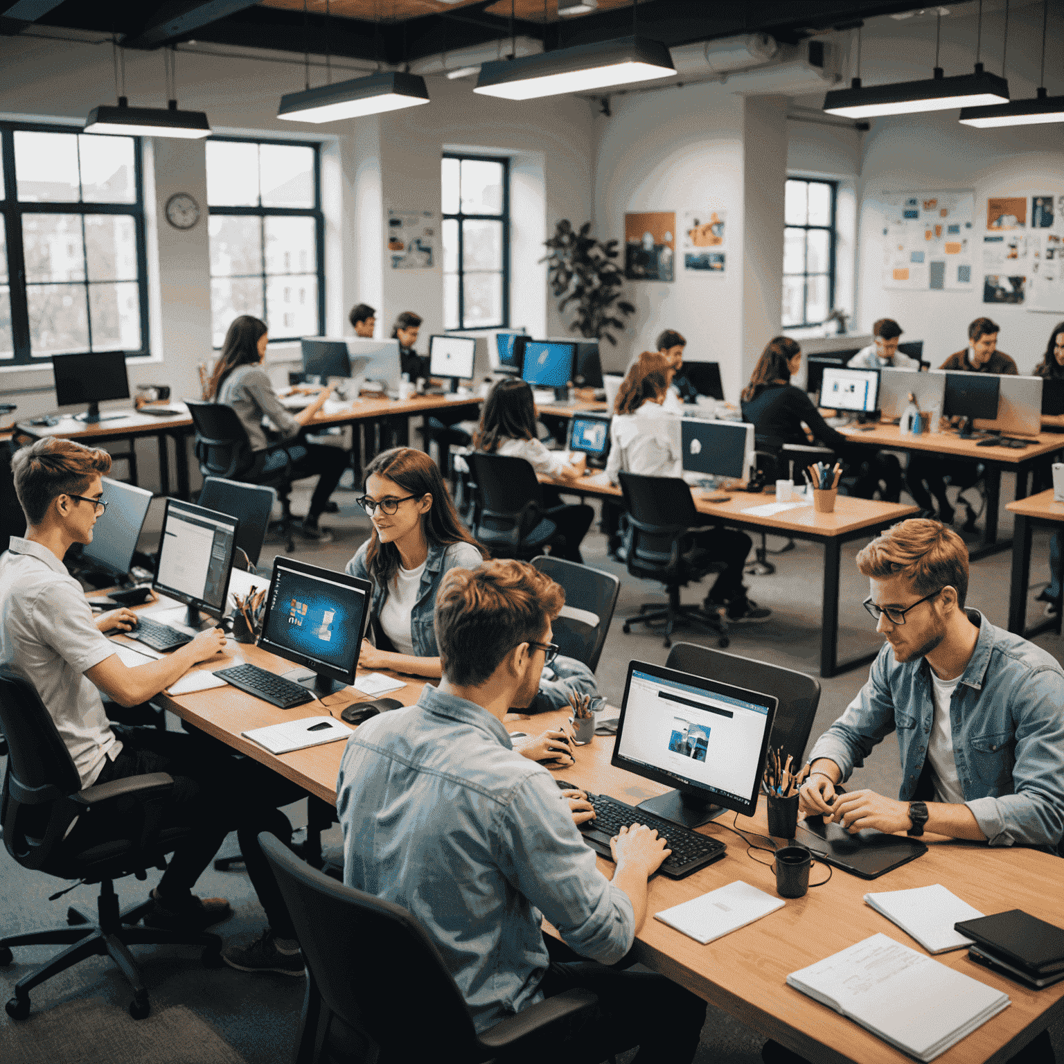 Estudiantes trabajando en computadoras, aprendiendo diseño web en un ambiente moderno y colaborativo