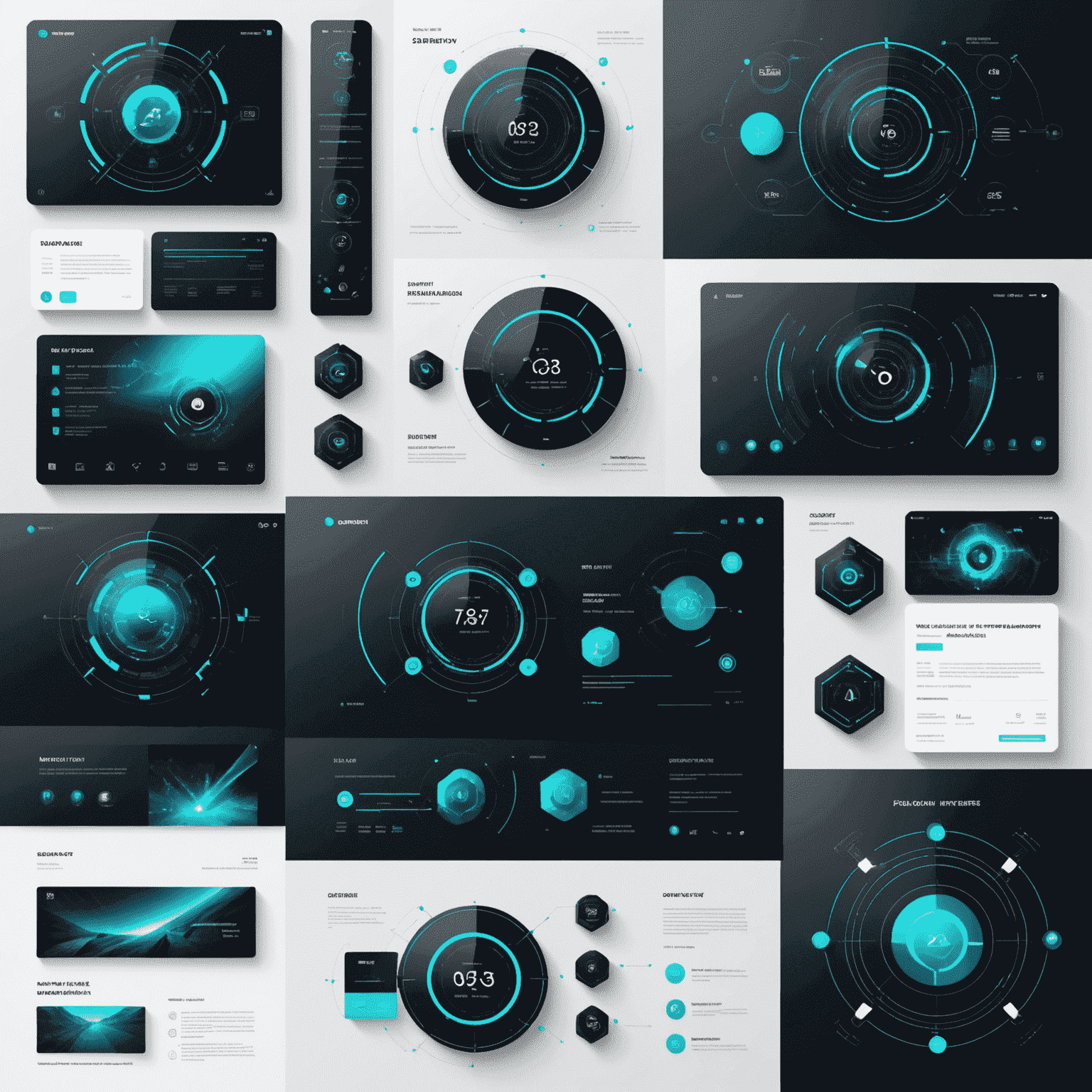 Collage de interfaces de usuario futuristas, mostrando diseños web con elementos 3D, interfaces controladas por IA y diseños minimalistas