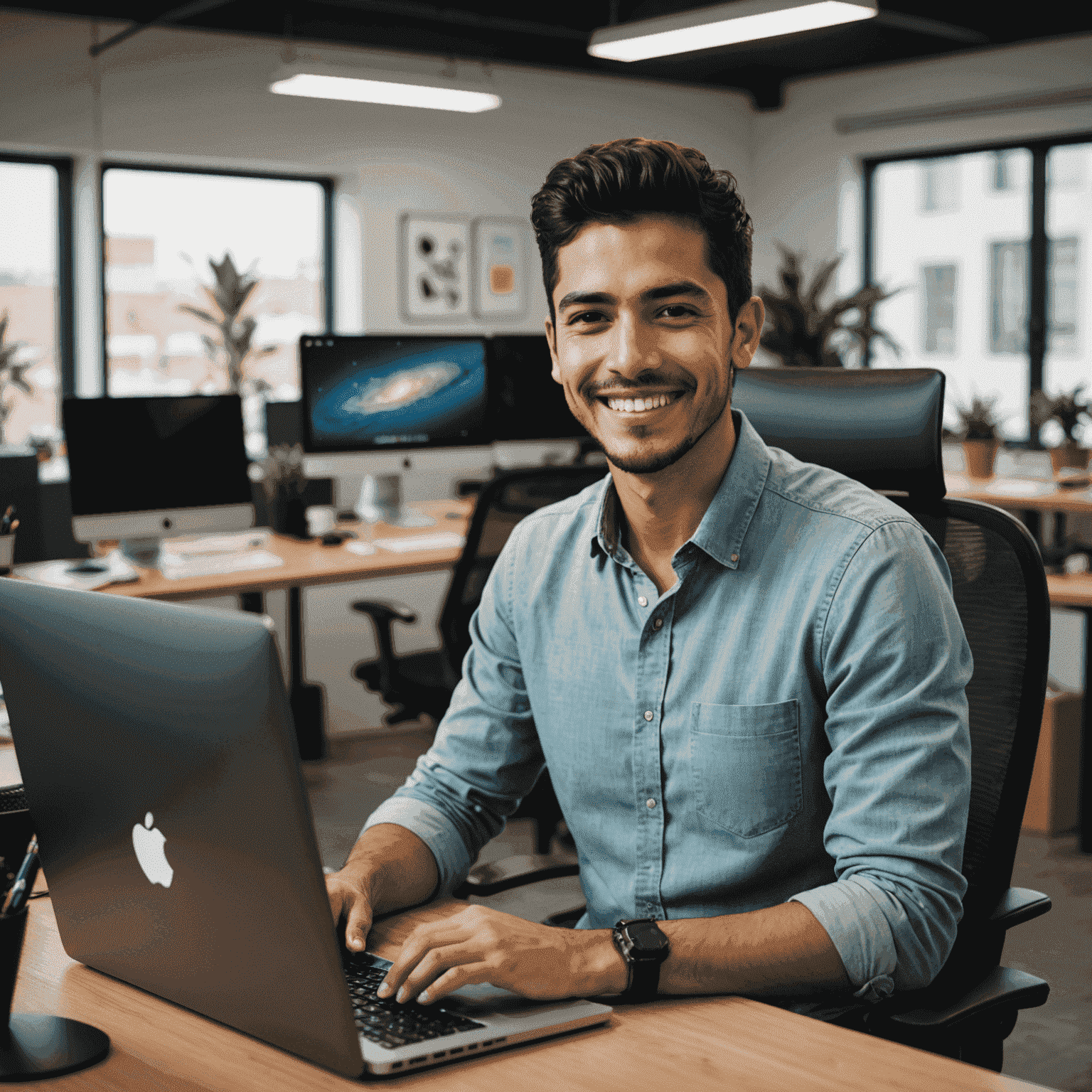 Joven diseñador web mexicano sonriendo frente a su computadora en una oficina moderna de diseño