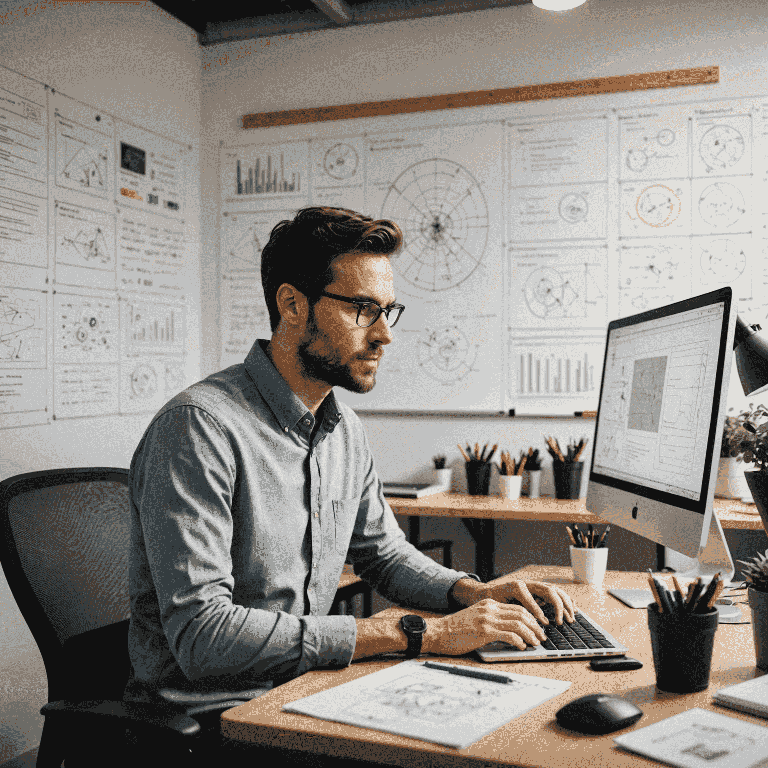 Imagen de un diseñador web trabajando en su computadora, rodeado de bocetos de diseño y una pizarra con wireframes