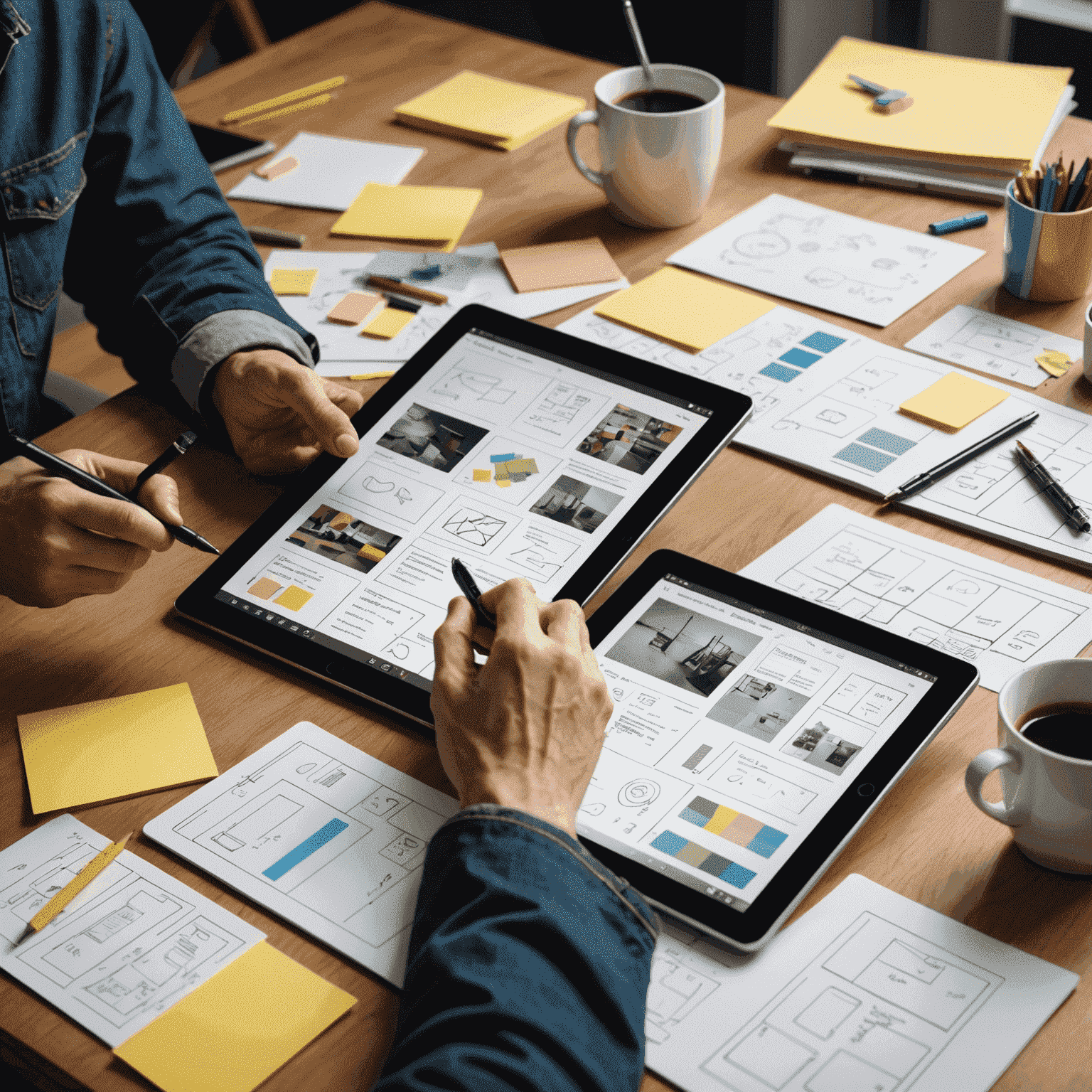 Diseñador trabajando en una interfaz de usuario en una tableta, rodeado de bocetos y notas adhesivas con ideas de diseño