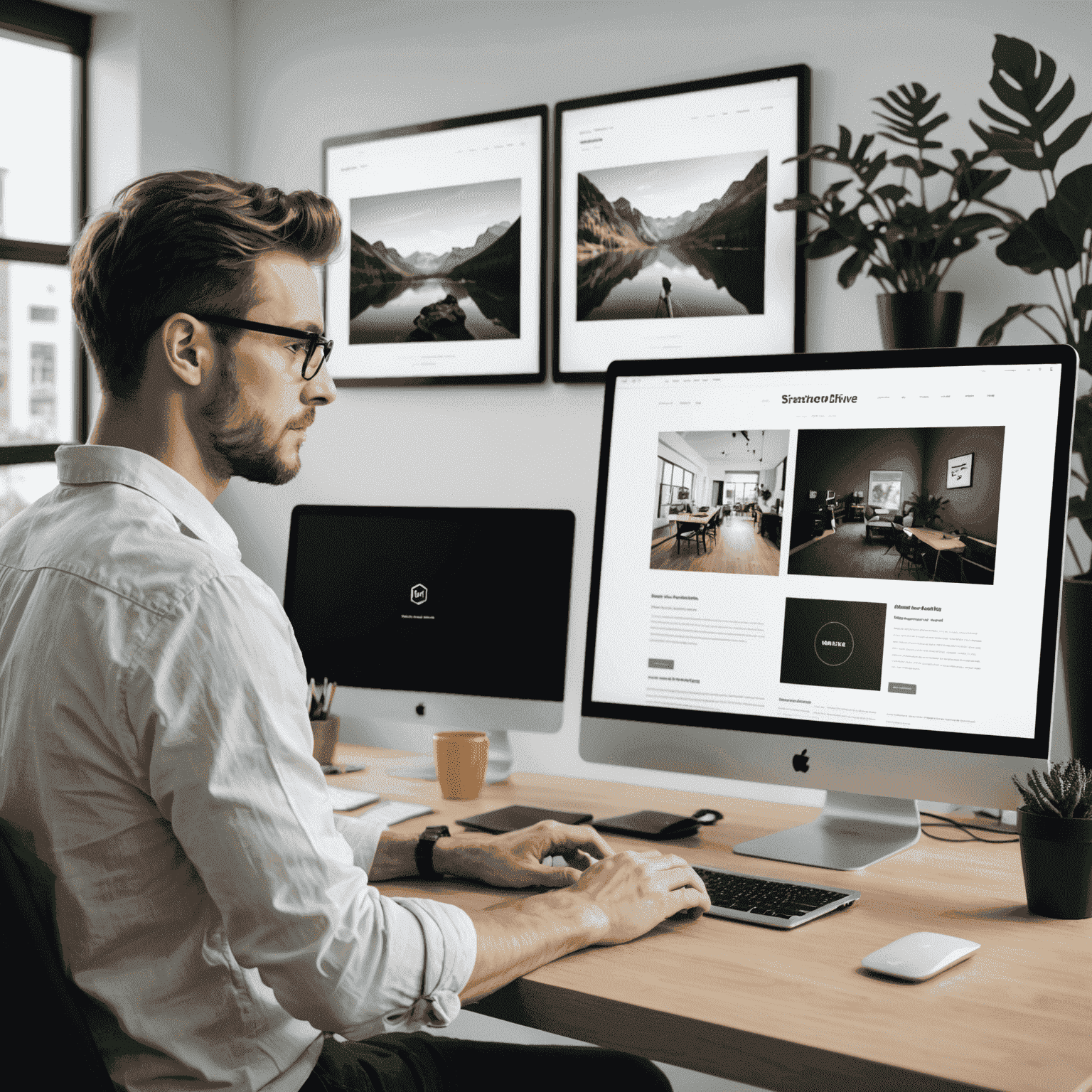 Diseñador web trabajando en su portafolio, mostrando múltiples proyectos en una pantalla de computadora con un diseño moderno y minimalista