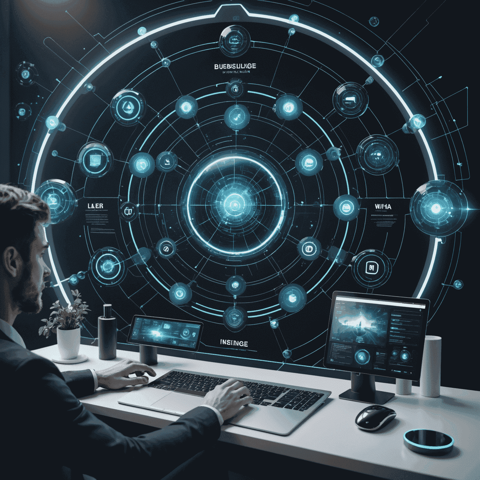 Imagen que muestra interfaces futuristas de diseño web, con elementos de IA y experiencias 3D inmersivas