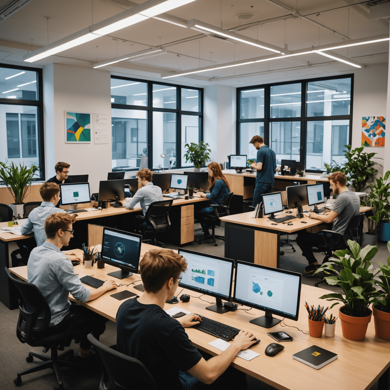 Estudiantes trabajando en proyectos de diseño web en la nueva oficina de Xylem, mostrando un ambiente colaborativo y enérgico