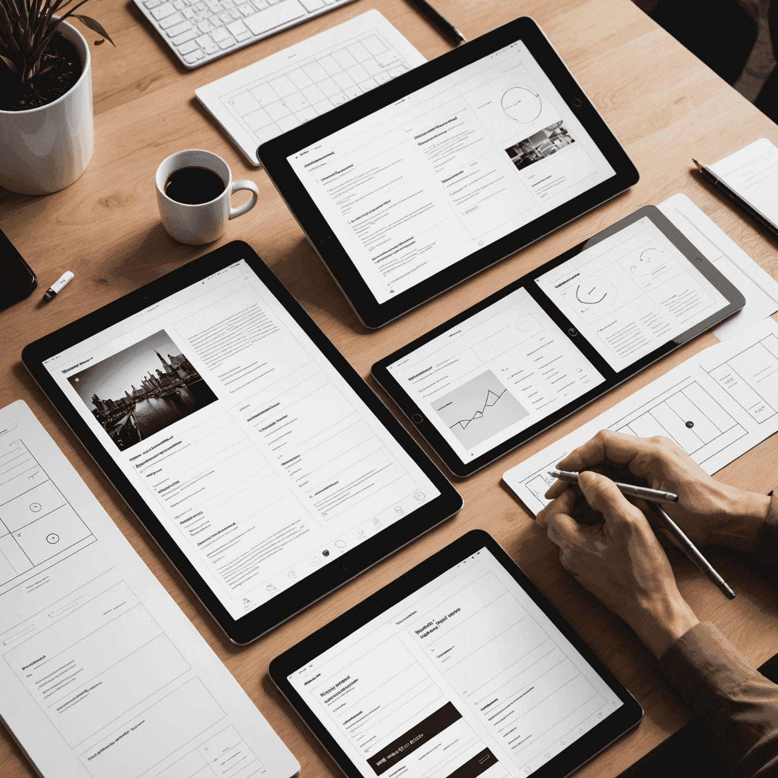 Imagen que muestra wireframes y prototipos de interfaz de usuario, representando el diseño UI/UX
