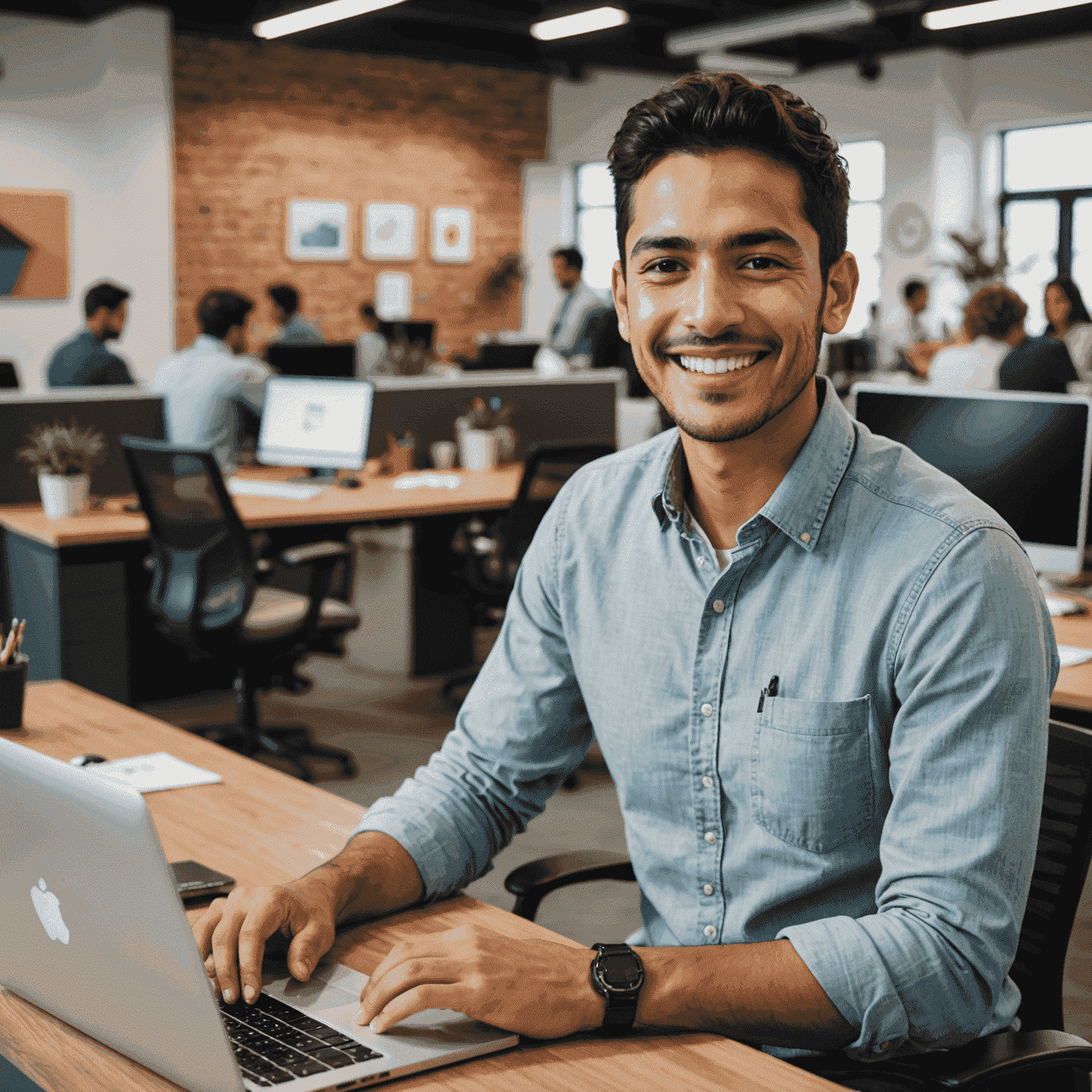 Imagen de un joven profesional mexicano sonriente en su nuevo lugar de trabajo en una agencia de diseño