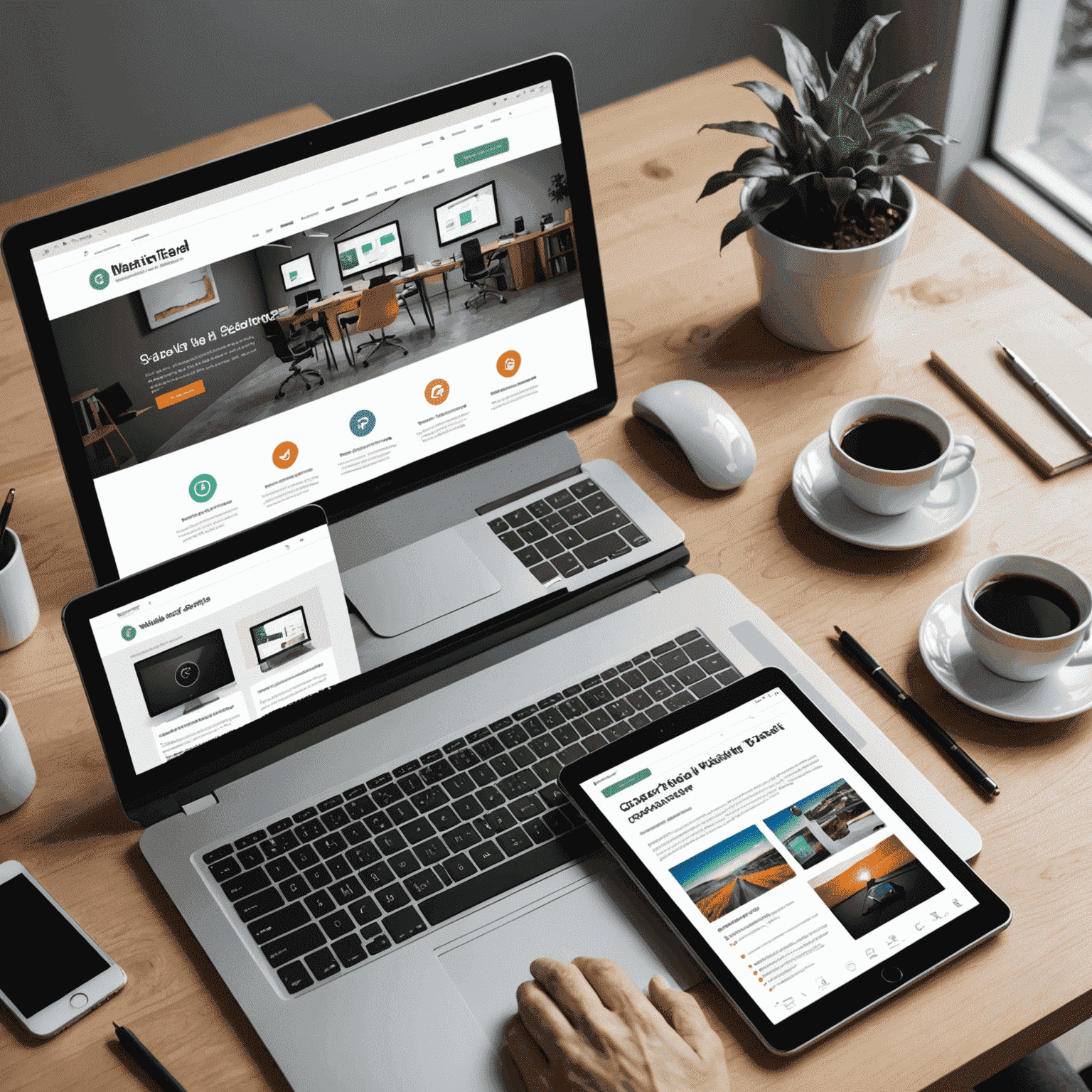 Imagen que muestra un sitio web adaptándose a diferentes dispositivos como computadora, tablet y teléfono móvil