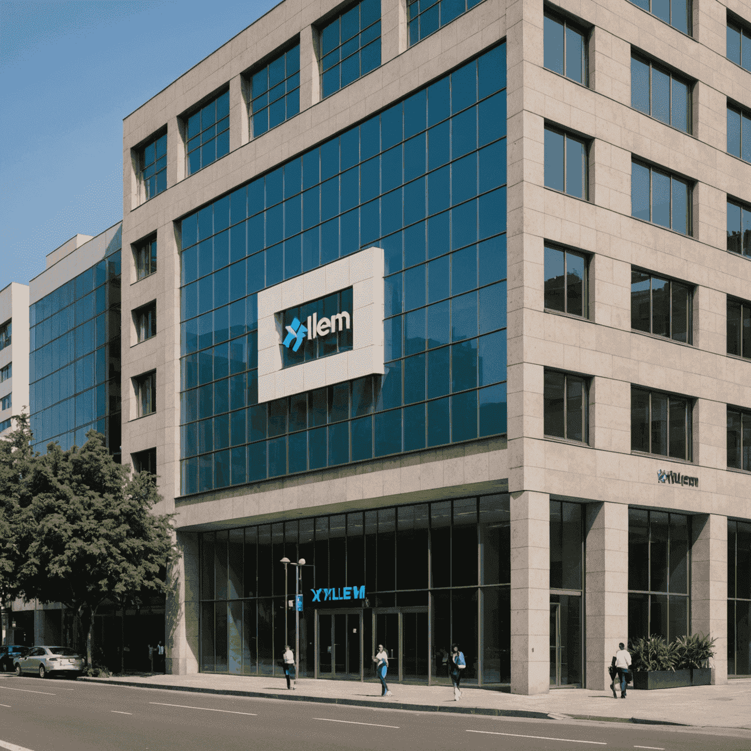 Imagen del exterior de un moderno edificio de oficinas en la Ciudad de México con el logo de Xylem
